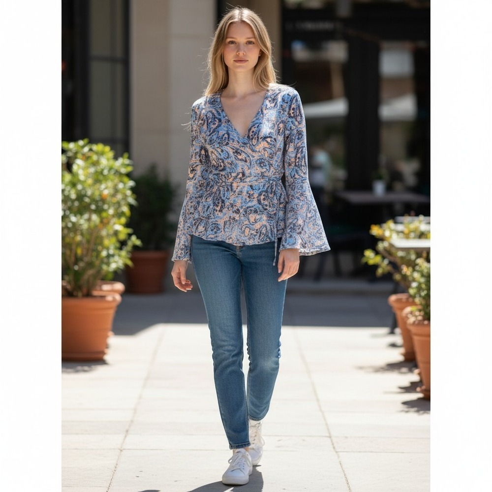 Meet Me‎ In Santorini Womens Blue Paisley Bell Sleeve Wrap Top MS1168T Medium